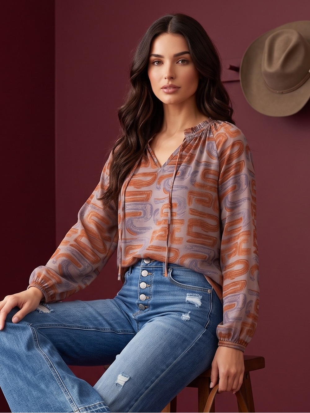 entro silky Rust and Gray  Long Sleeve Tunic